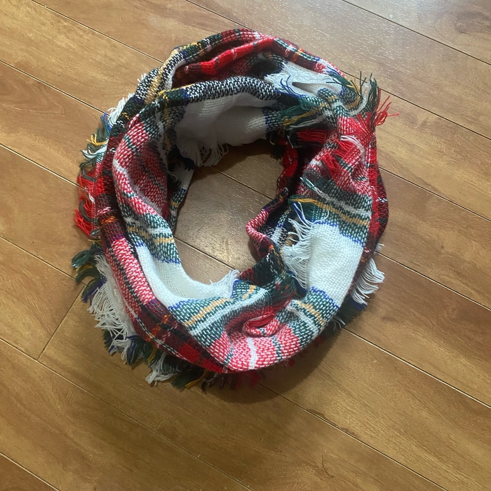 Plaid Fringe Scarf - Red, White, Black